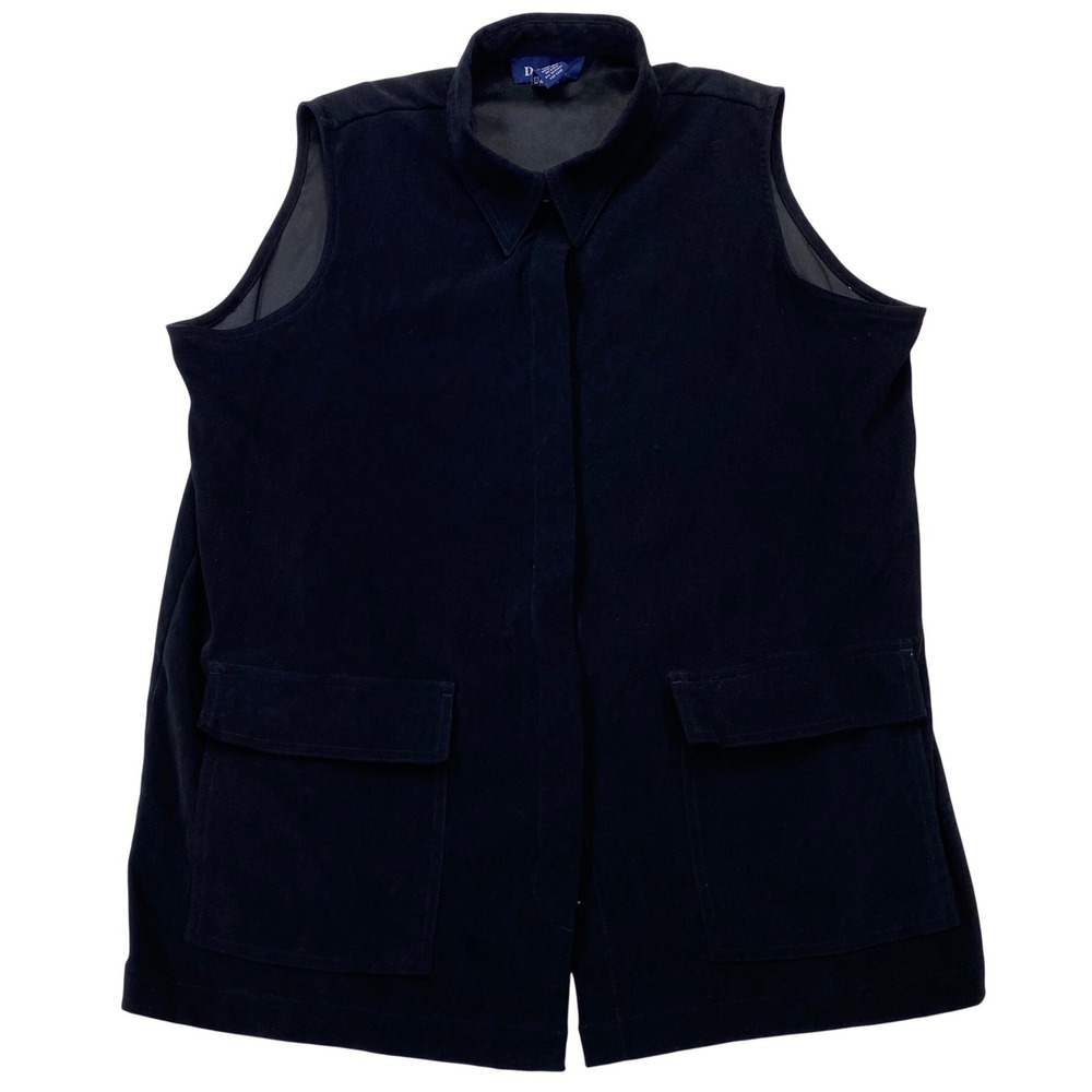 Denim & Co Faux Suede Vest Womens 1X Black Collared Hidden Button Pocket Utility
